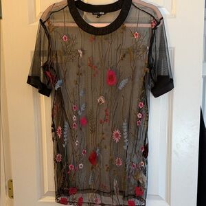 Fashion Nova Black Mesh Top with Colorful Floral Embroidery